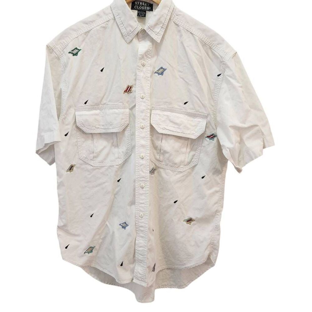 Vintage Street Closed button front shirt Cotton Embroidered white Size medium